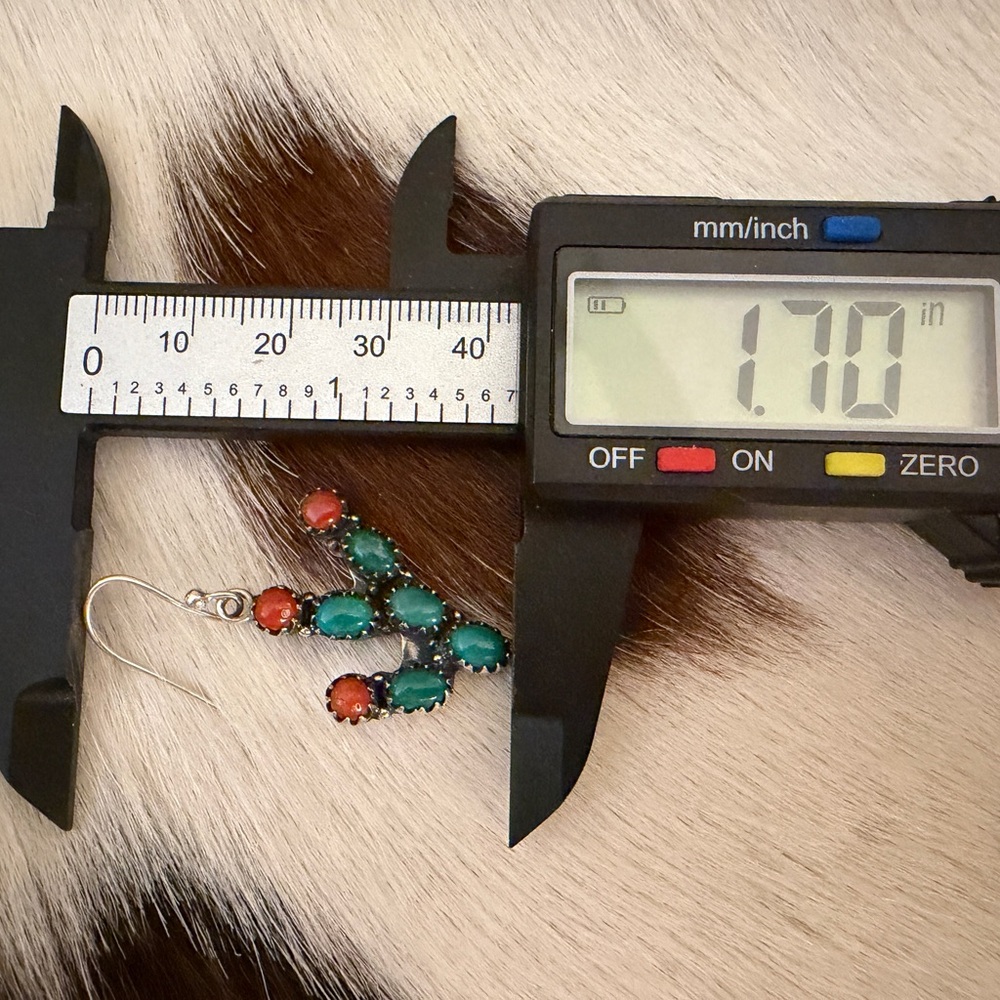 ❤️Kingman Turquoise Italian Coral Prickly Pear Cactus 925 Dangle Earrings 1.70”L - Picture 12 of 14